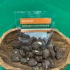Bolsa de "Patas Muyu con Chocolate" de la marca Raíces del Napo, un snack artesanal de semillas de macambo tostadas cubiertas con chocolate negro, presentado en un recipiente rústico sobre un fondo verde.
